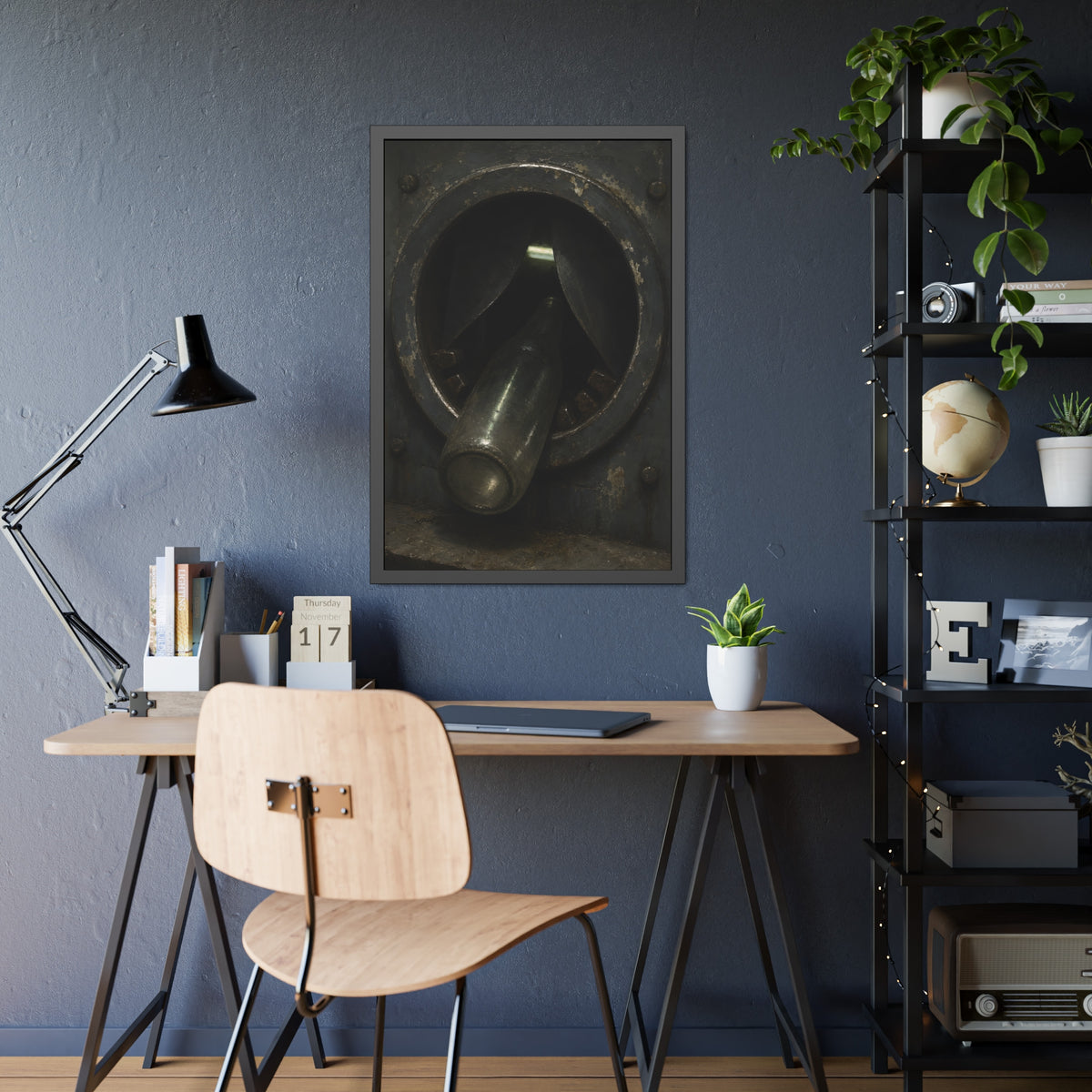 A glass bottle wedged in the round steel intake of a crushing machine. The Crusher's Mouth by Garabaggio, framed fine art print hanging in a room.