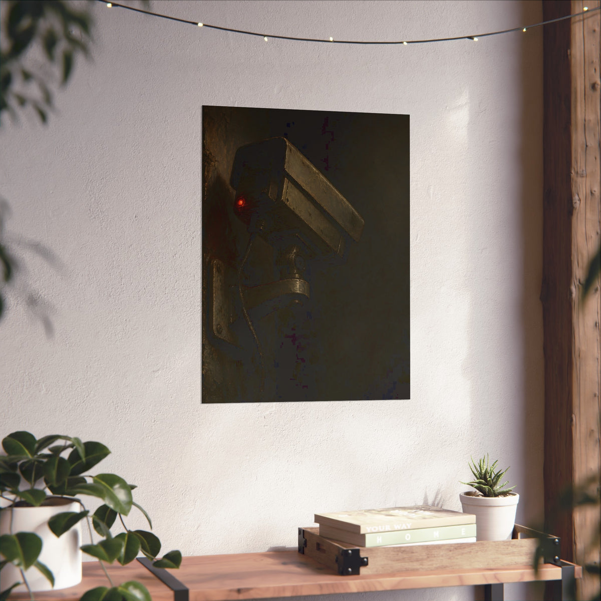 A grimy security camera on a wall, its red light on in the dark. The Turn Toward Nothing by Garabaggio, fine art print hanging in a room.