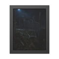 A shopping cart wedged in a chain link fence under a streetlamp. The Abandonment at the Ravine Fence by Garabaggio, framed fine art print, 11″ x 14″.