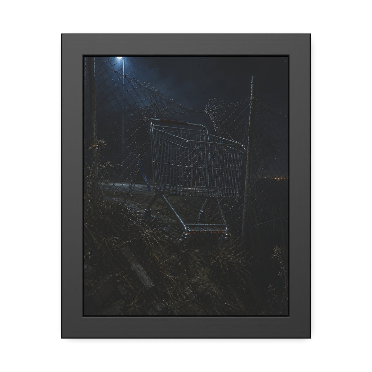 A shopping cart wedged in a chain link fence under a streetlamp. The Abandonment at the Ravine Fence by Garabaggio, framed fine art print, 11″ x 14″.