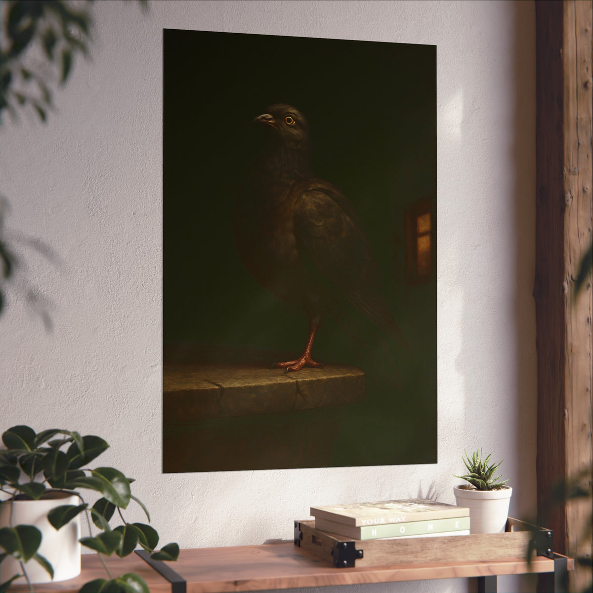 A pigeon standing on a cracked stone ledge in near darkness. The Martyrdom of the One-Legged Saint by Garabaggio, fine art print hanging in a room.