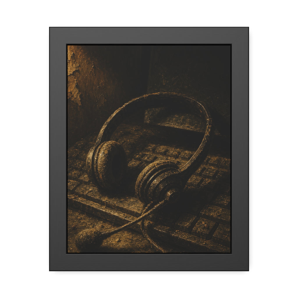 Dust covered headset resting on an old keyboard in brown light. Cubicles Under Dust by Garabaggio, framed fine art print, 11″ x 14″.
