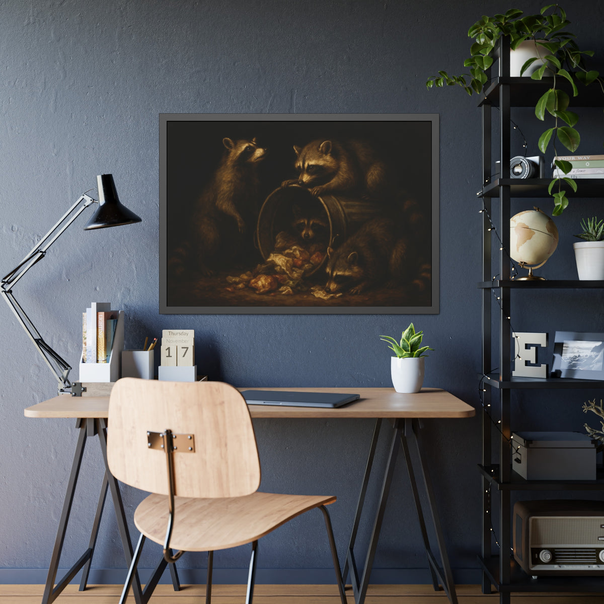 Four raccoons around a tipped metal trash can spilling food scraps. The Crowning with Crumbs by Garabaggio, framed fine art print hanging in a room.