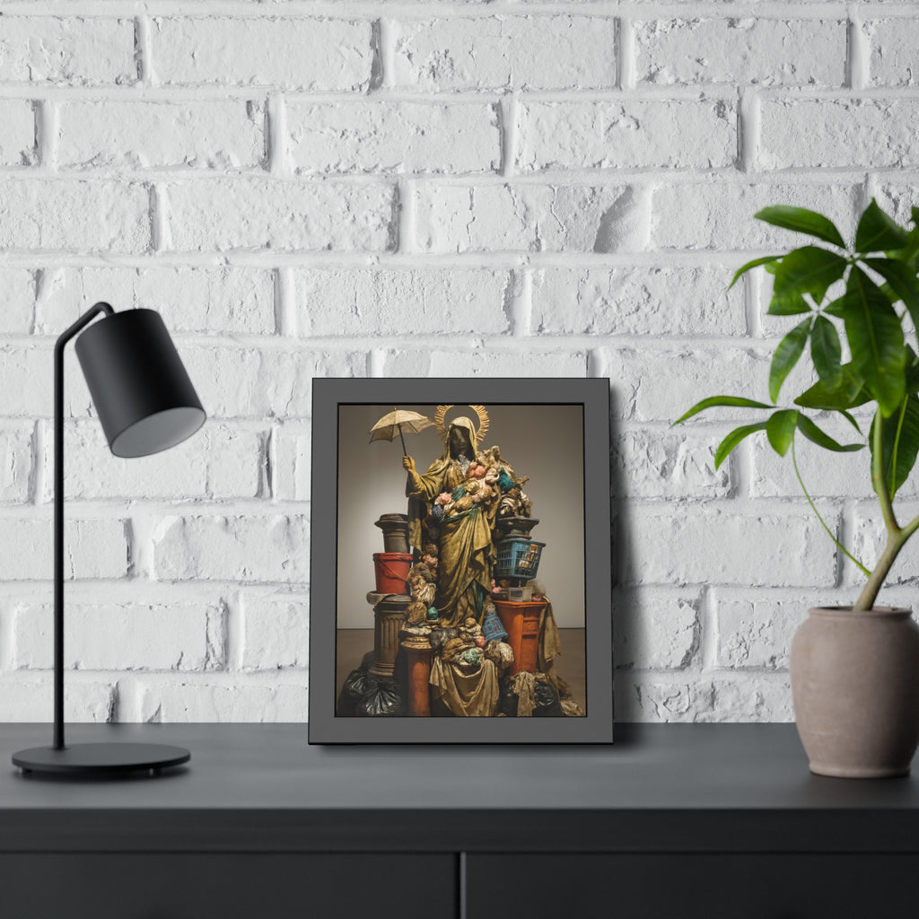 Robed figure with a halo and umbrella rising from trash bags and crates. Our Lady of Perpetual Shelter by Garabaggio, framed fine art print hanging in a room.