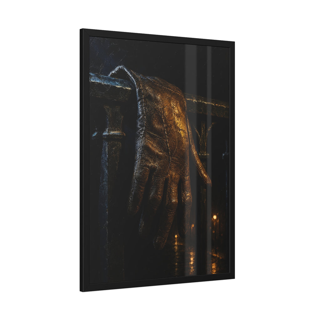 A leather glove draped over an iron railing, fingers hanging. The Repose of the Leather Glove, No. 1 by Garabaggio, framed fine art print hanging in a room.