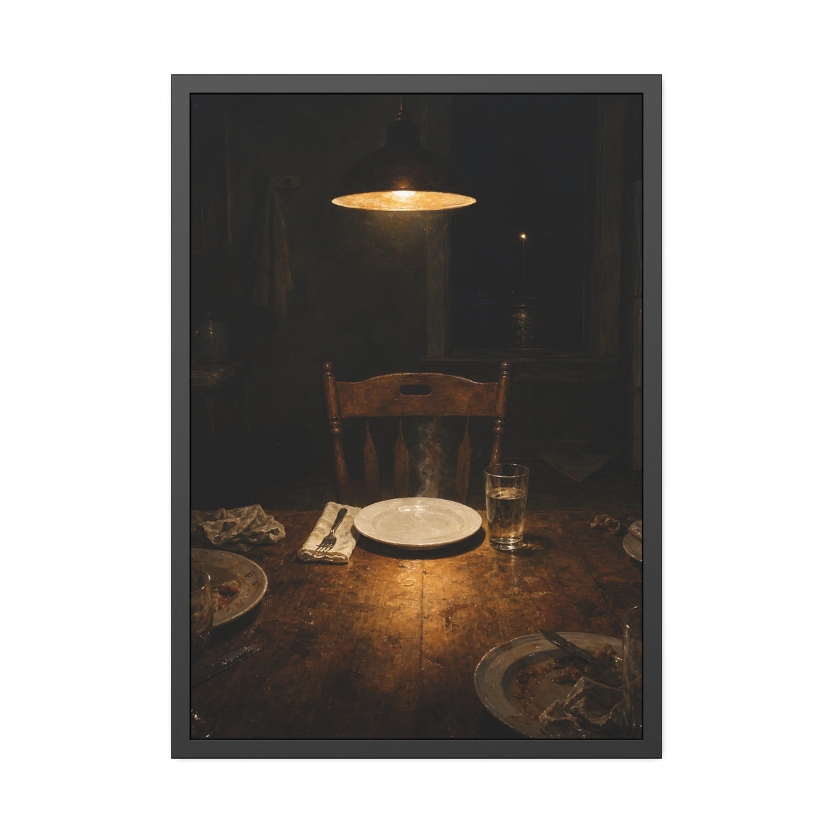 A clean plate and empty chair under a hanging lamp at a used dinner table. The Empty Seat at Dinner by Garabaggio, framed fine art print, 28″ x 40″.