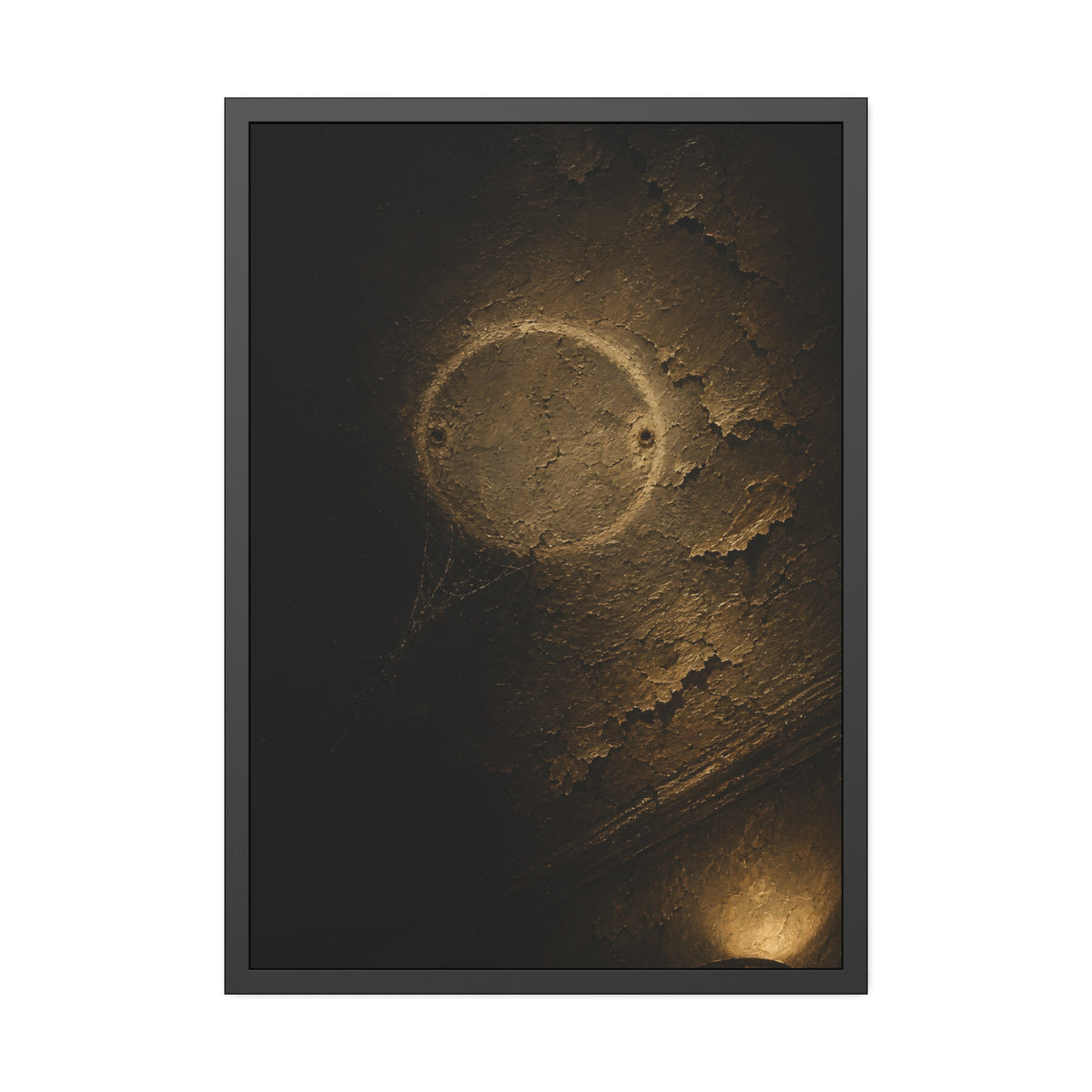 A pale ring and two screw holes on a peeling ceiling where a detector was. The Circle on the Ceiling by Garabaggio, framed fine art print, 28″ x 40″.