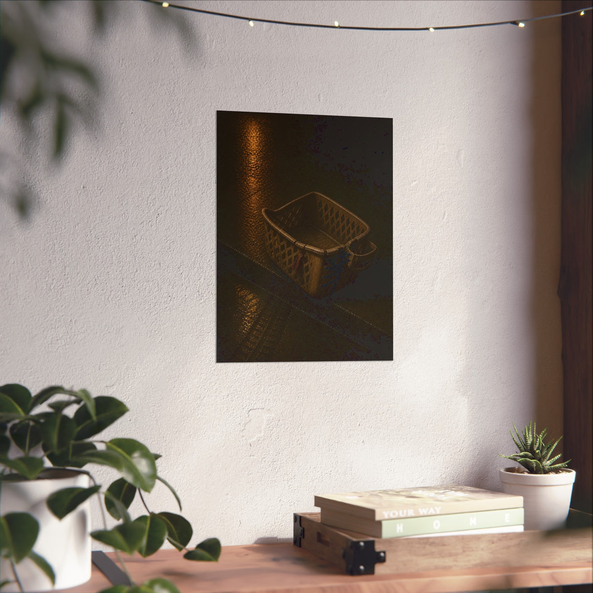 A cracked plastic laundry basket with a warped rim on wet asphalt. The Crushing of the Rim by Garabaggio, fine art print hanging in a room.
