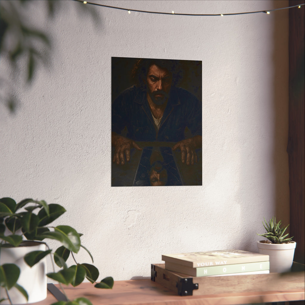 A bearded man in coveralls looking down at his face in a cracked screen. The Mirror After Midnight by Garabaggio, fine art print hanging in a room.