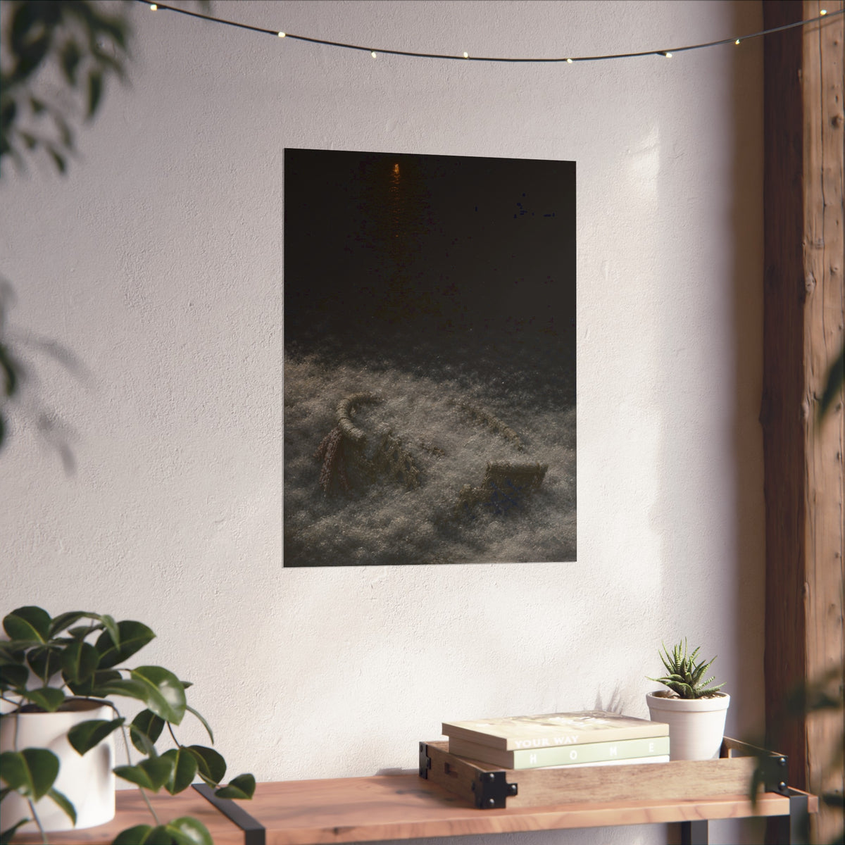 A broken laundry basket half buried in a snowbank under a distant light. Lattice in the Snowbank by Garabaggio, fine art print hanging in a room.