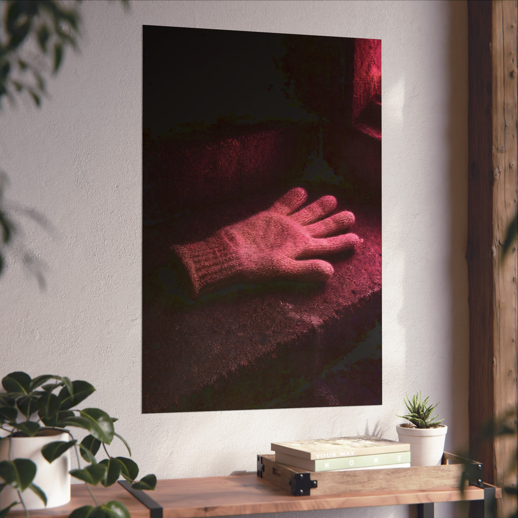 A knitted glove lying flat on a concrete step under pink light. The Vigil in Pink Light by Garabaggio, fine art print hanging in a room.