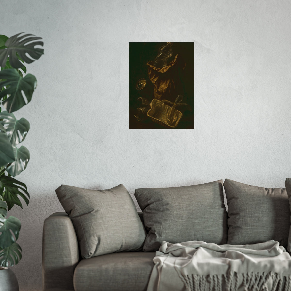 A paper bag, crushed bottle and foil tray lit against deep darkness. Reliquary of the Takeout by Garabaggio, fine art print hanging in a room.