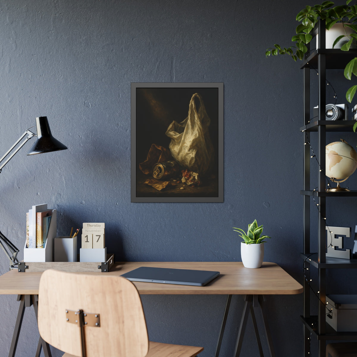A white plastic bag standing upright in a shaft of light. The Annunciation of the Plastic Bag by Garabaggio, framed fine art print hanging in a room.