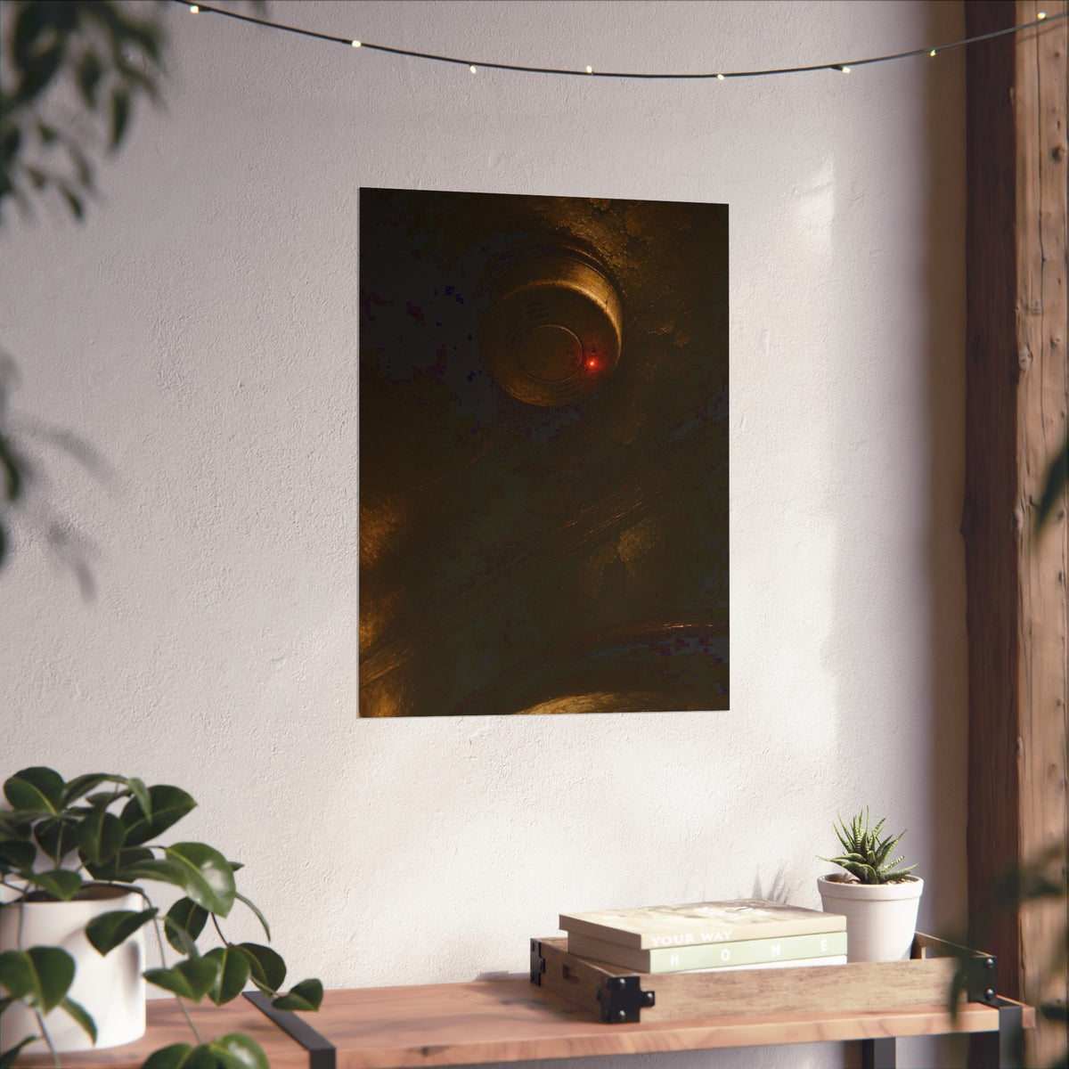 A smoke detector on a stained ceiling, its red light on, cobweb below. The Watch Above Sleep by Garabaggio, fine art print hanging in a room.