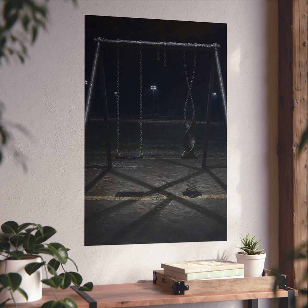 An empty swing set at night with one seat twisted up on its chains. The First Hour: The Twisted Seat by Garabaggio, fine art print hanging in a room.