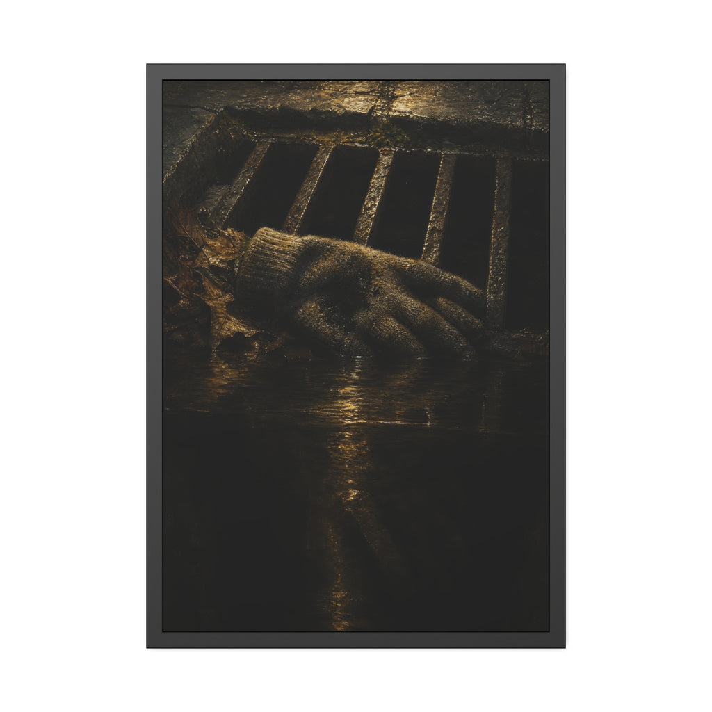 A single work glove on a storm drain grate above dark standing water. The Descent Into the Drain by Garabaggio, framed fine art print hanging in a room.