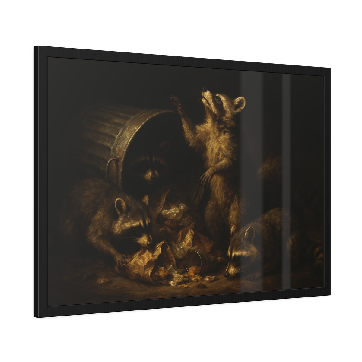 Raccoons around a fallen trash can, one rearing up with a raised paw. The Supper of Shadows by Garabaggio, framed fine art print hanging in a room.