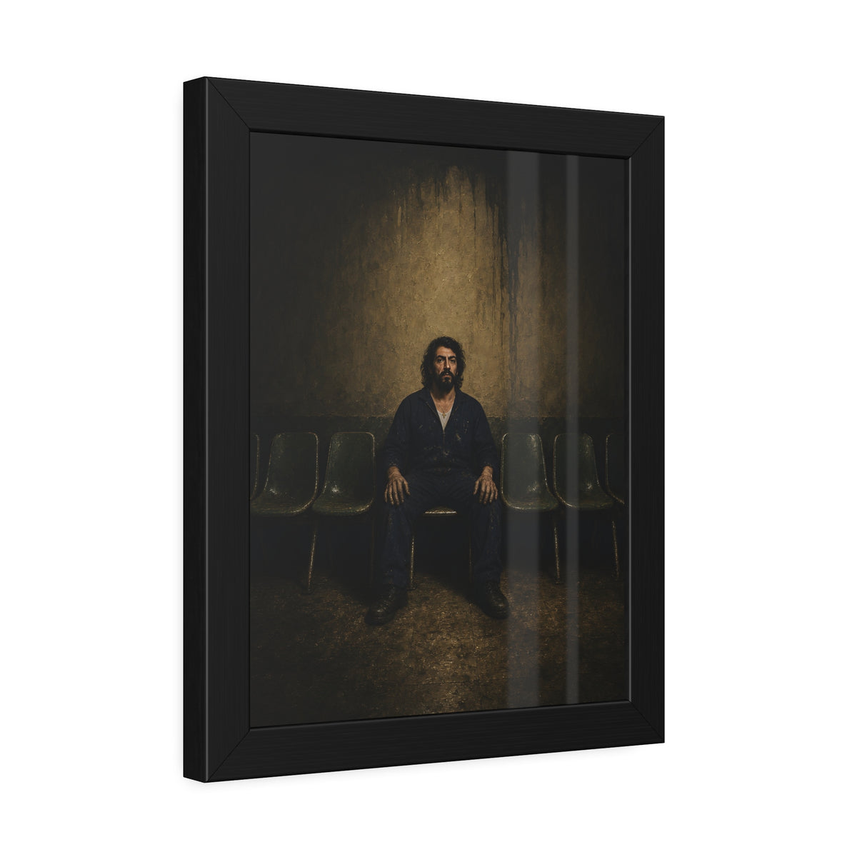 A man sits in the middle of a row of empty chairs under a wall light. Garabaggio Takes the Middle Chair by Garabaggio, framed fine art print hanging in a room.