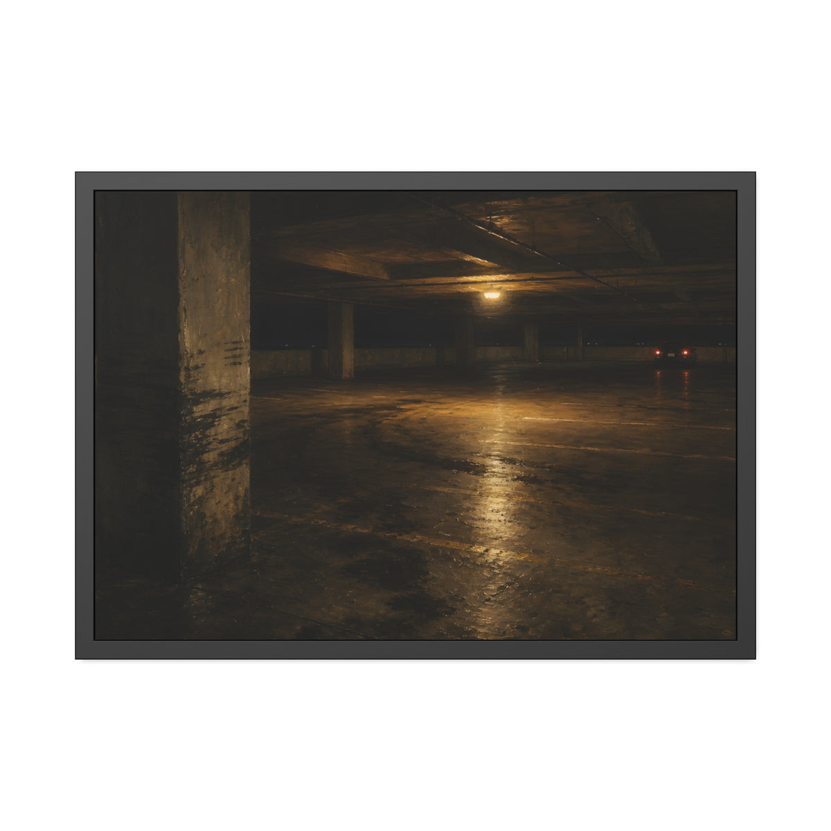 An empty concrete parking deck lit by one ceiling lamp, tail lights beyond. The Parking Garage, Level 4 by Garabaggio, framed fine art print, 40″ x 28″.