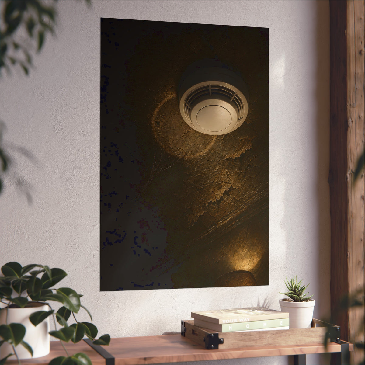A new smoke detector on a stained ceiling next to an old mounting ring. The New Detector by Garabaggio, fine art print hanging in a room.