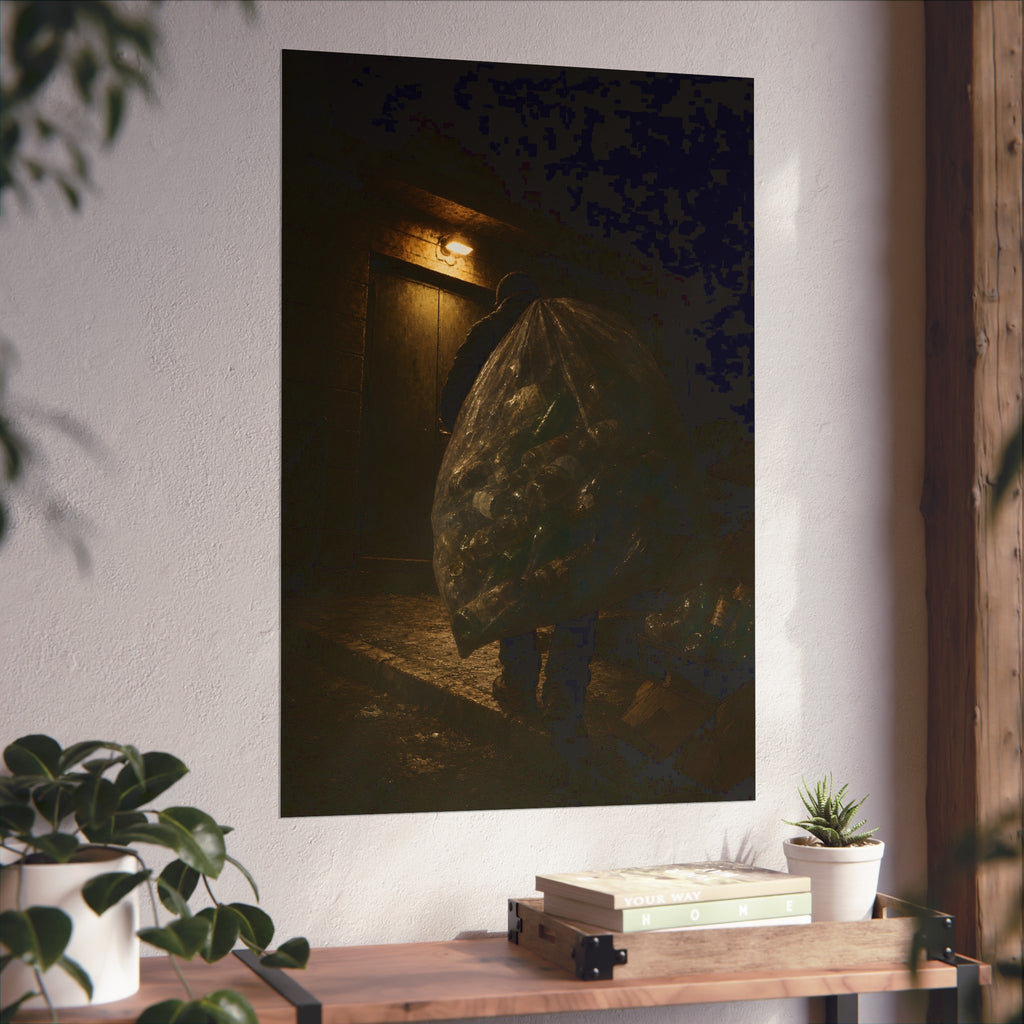 A man carrying a huge bag of bottles past a lit doorway at night. The Bag Carried Before Dawn by Garabaggio, fine art print hanging in a room.