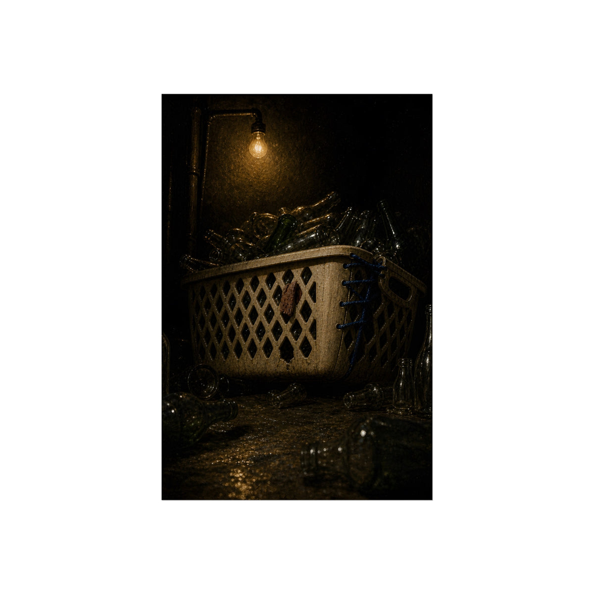 A laundry basket filled with glass bottles under a bare hanging bulb. The Second Life for Bottles by Garabaggio, fine art print, 24″ x 36″.