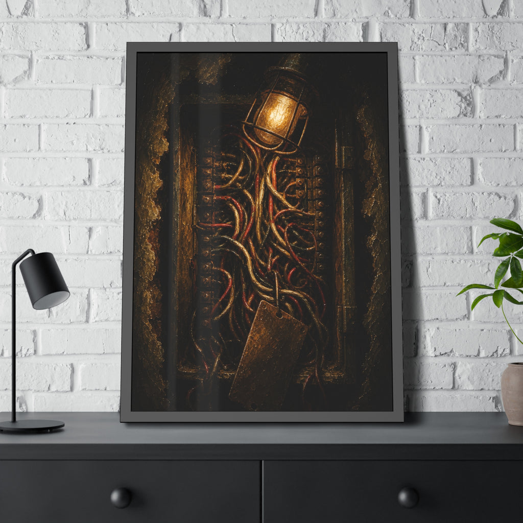 An open intercom box crowded with red and white wires under a bare bulb. The Wires Behind Names by Garabaggio, framed fine art print hanging in a room.