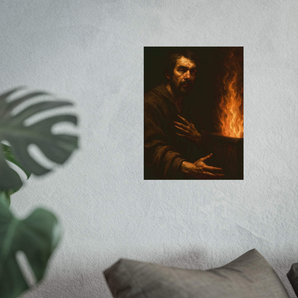 Bearded man with a hand on his chest beside flames rising from a bin. Self-Portrait as a Penitent by Garabaggio, fine art print hanging in a room.