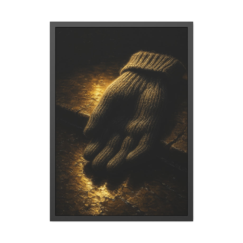 A knitted wool glove palm down on wet stone in gold light. The Presentation of the Woolen Glove by Garabaggio, framed fine art print hanging in a room.