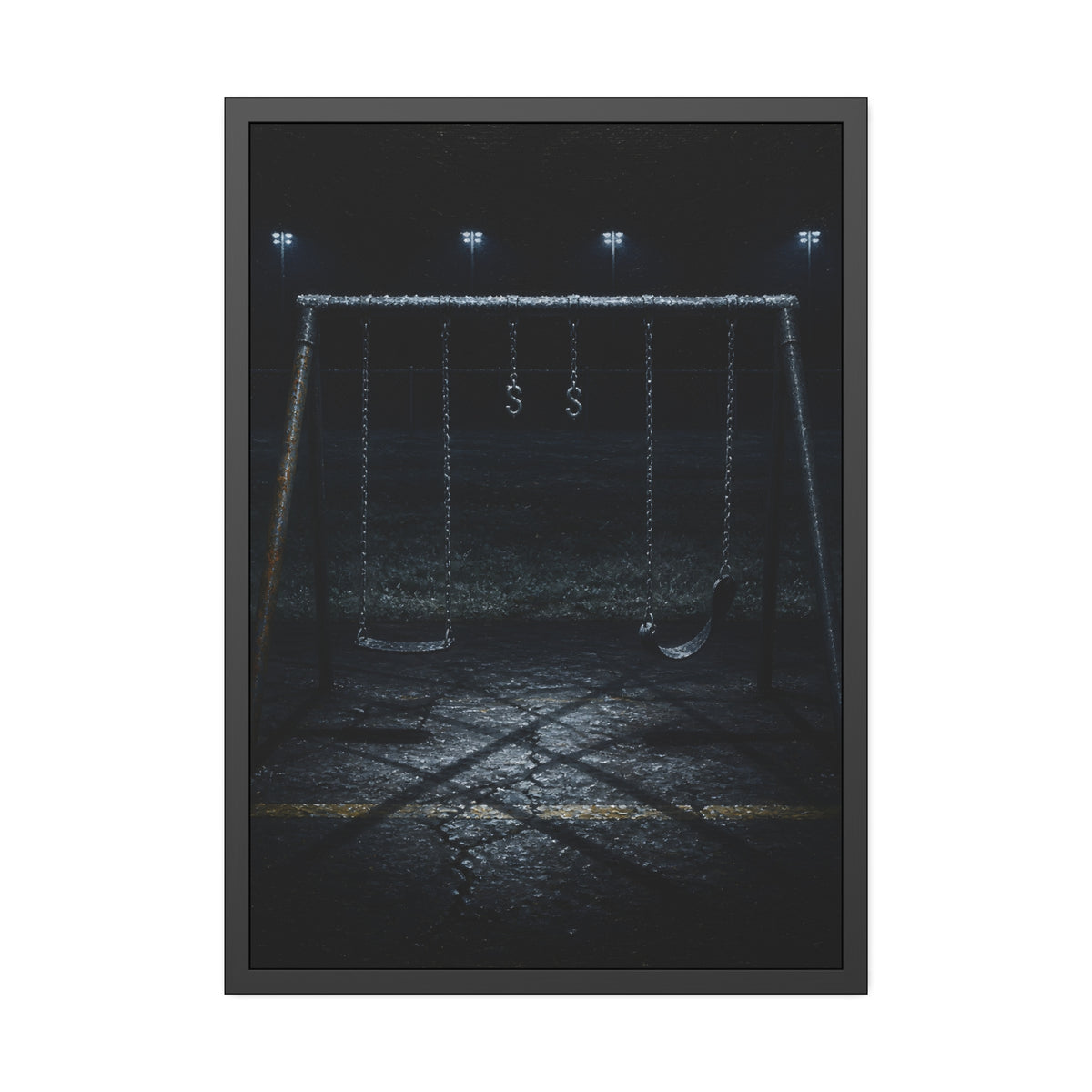 An empty swing set with frost on its crossbar under floodlights. Midnight: The Frost on the Crossbar by Garabaggio, framed fine art print, 28″ x 40″.