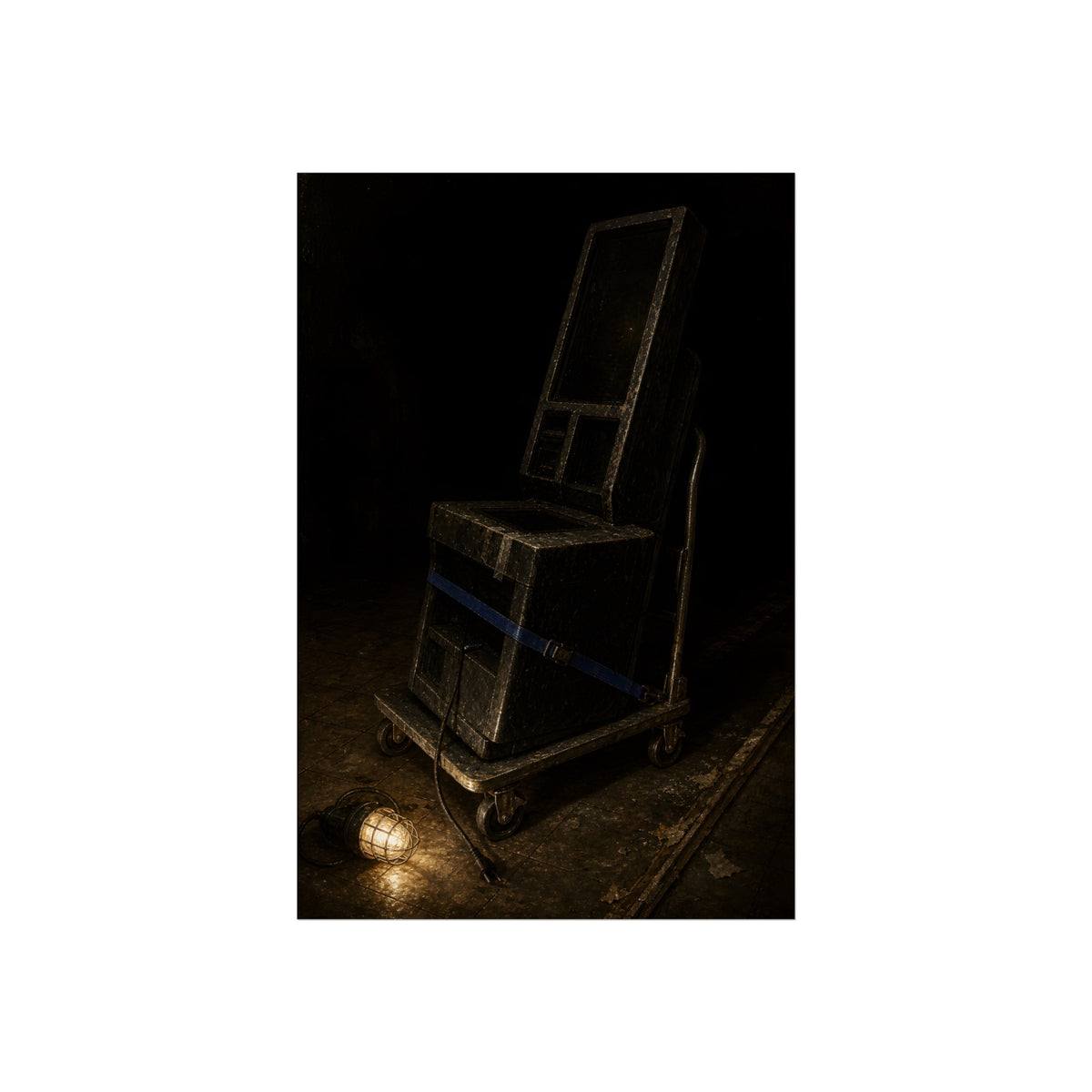 A self checkout unit strapped to a hand truck beside a caged lamp. The Removal of the Machine by Garabaggio, fine art print, 24″ x 36″.