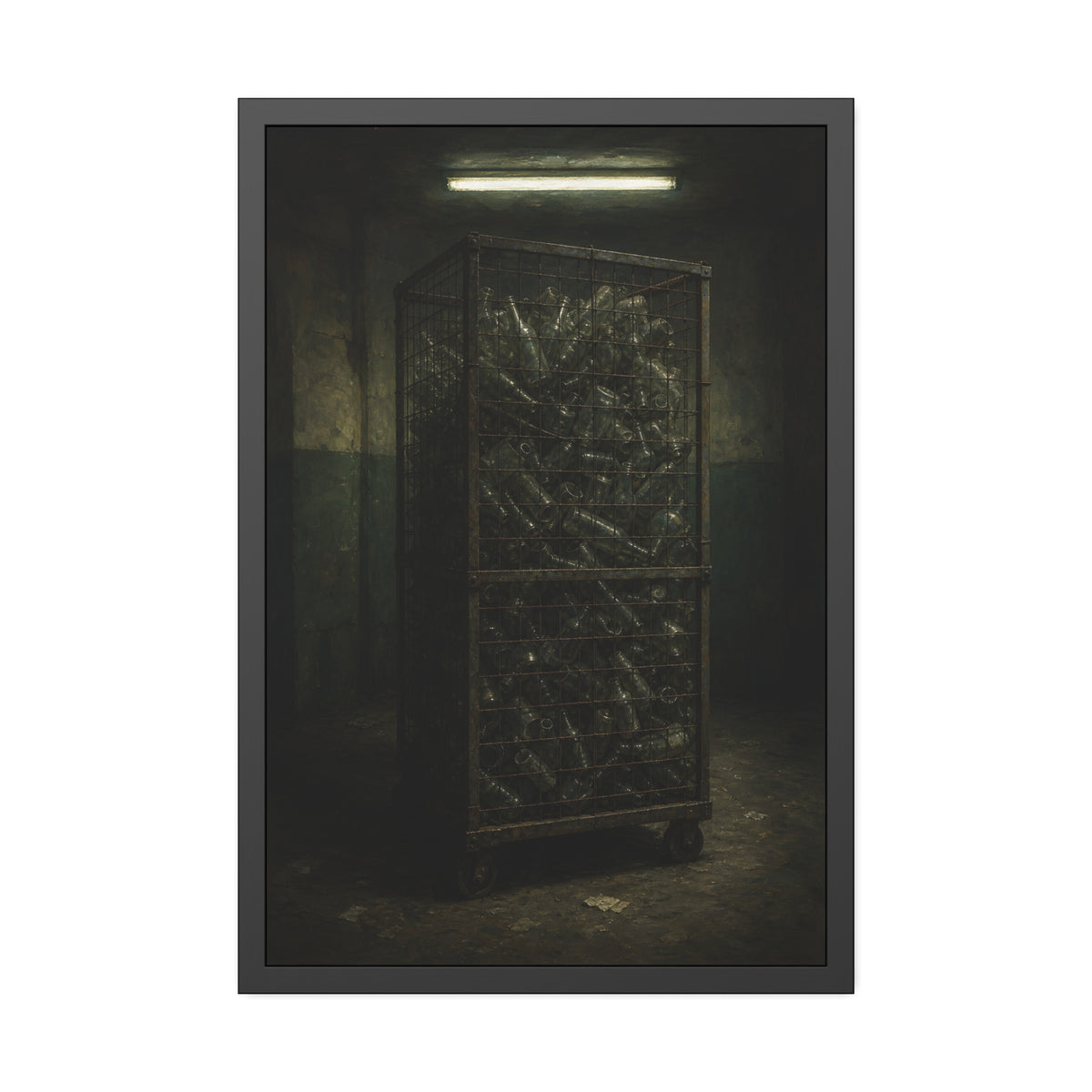 A tall wire cage cart packed with clear bottles in a dim concrete room. The Cage of Clear Glass by Garabaggio, framed fine art print, 24″ x 36″.
