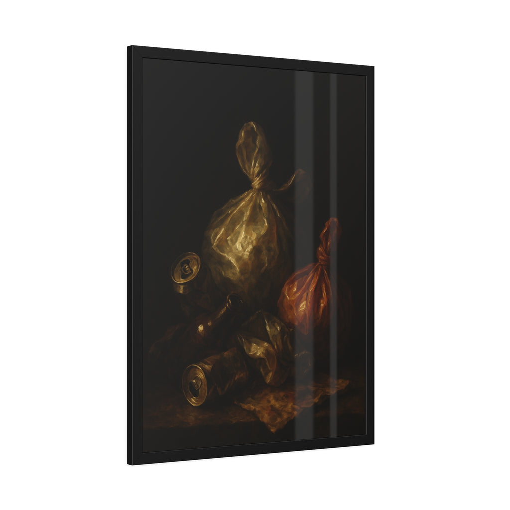 Two knotted plastic bags and crushed cans on a dark table. The Knotted Offering by Garabaggio, framed fine art print hanging in a room.