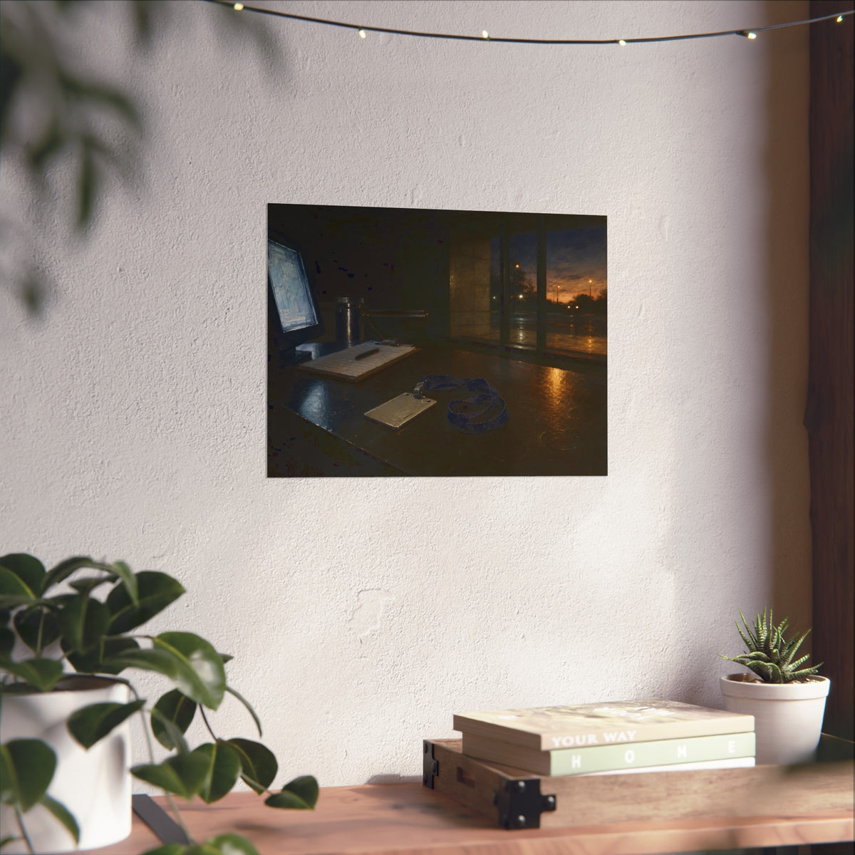 An ID badge and lanyard left on a security desk beside a lit monitor. The Badge on the Security Desk by Garabaggio, fine art print hanging in a room.
