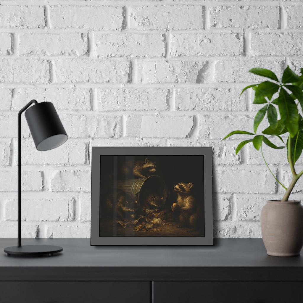 Four raccoons around a toppled metal trash can in the dark. The Last Bite by Garabaggio, framed fine art print hanging in a room.