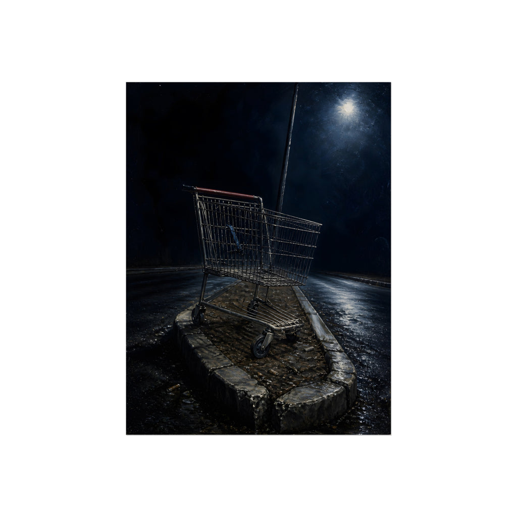 A shopping cart stranded on a stone median under a streetlight. The Crossing of the Median by Garabaggio, fine art print, 12″ x 16″.