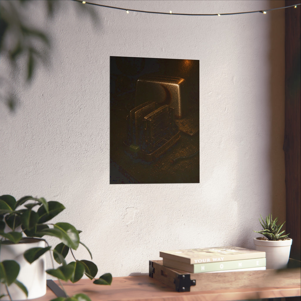A toaster with its side panel opened to expose the heating elements. The Opening of the Shell by Garabaggio, fine art print hanging in a room.