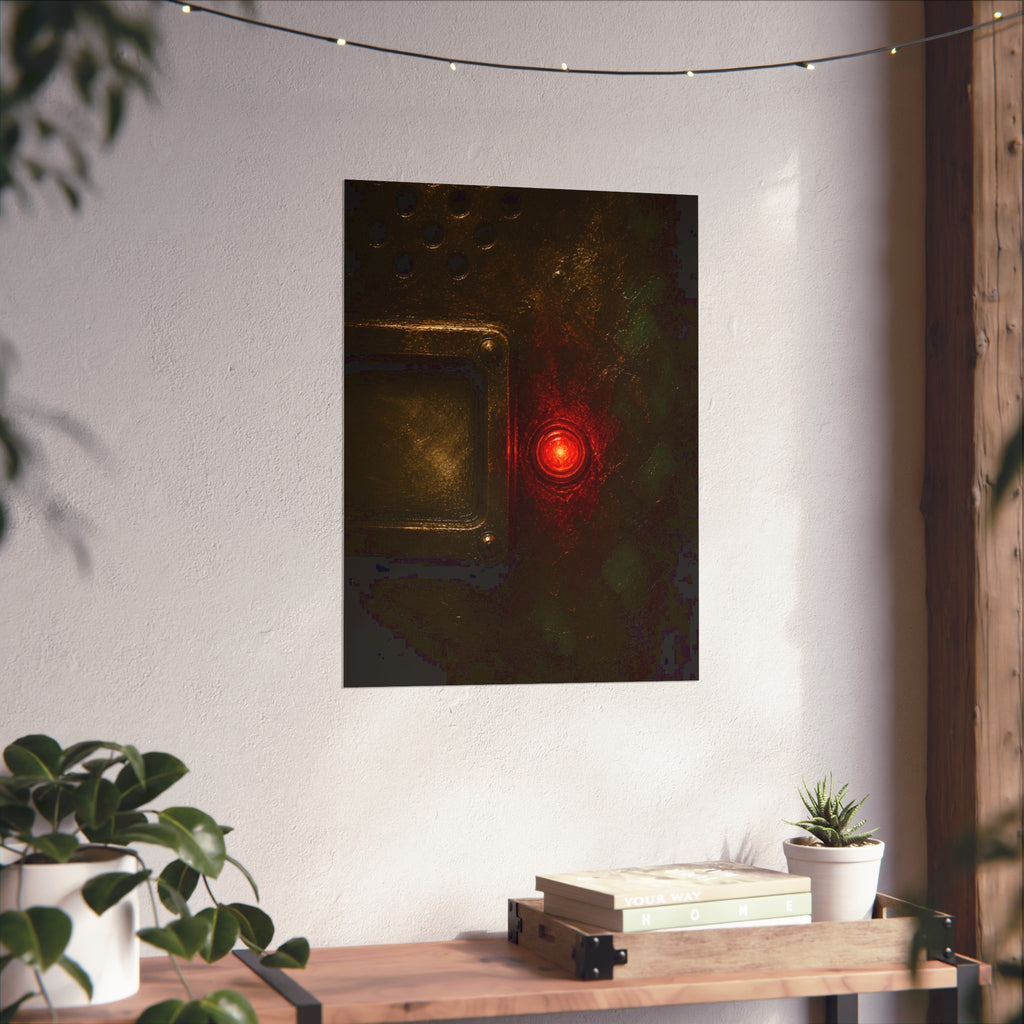 Close view of an intercom panel with one red button glowing in the dark. The Stuck Red Light by Garabaggio, fine art print hanging in a room.