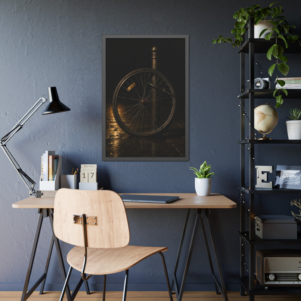 A bare bicycle wheel locked to a post on wet pavement. The Wheel Without a Bicycle by Garabaggio, framed fine art print hanging in a room.