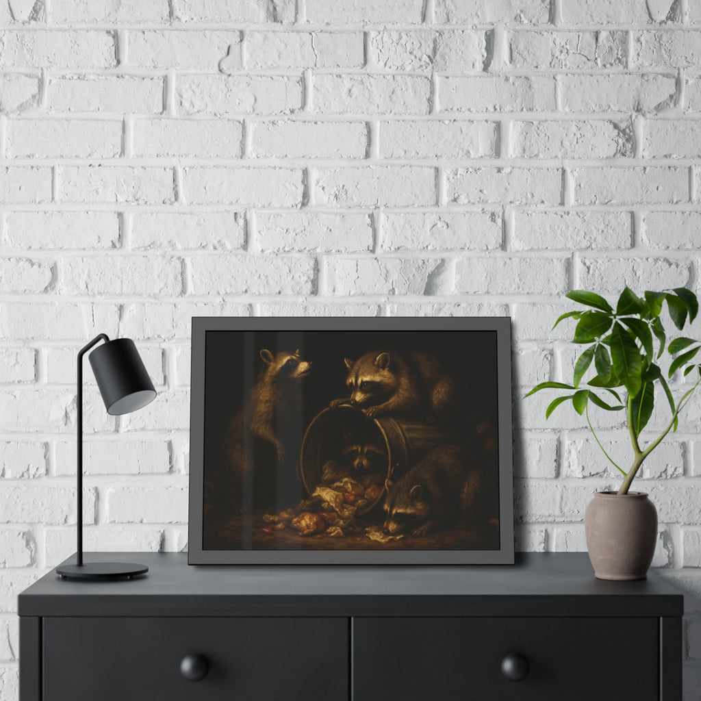 Four raccoons around a tipped metal trash can spilling food scraps. The Crowning with Crumbs by Garabaggio, framed fine art print hanging in a room.