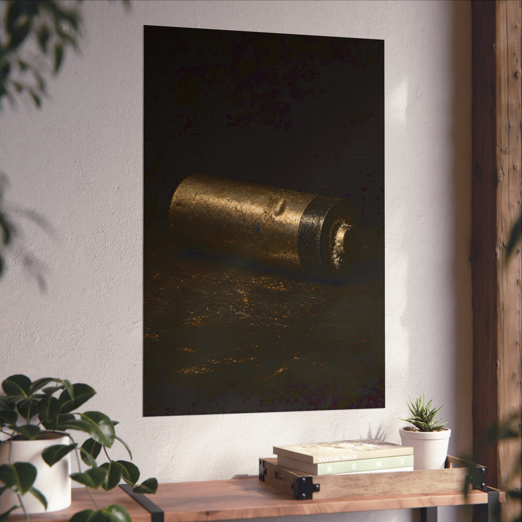 A corroded AA battery lying on a dark gritty surface in a single beam. The First Exhaustion by Garabaggio, fine art print hanging in a room.