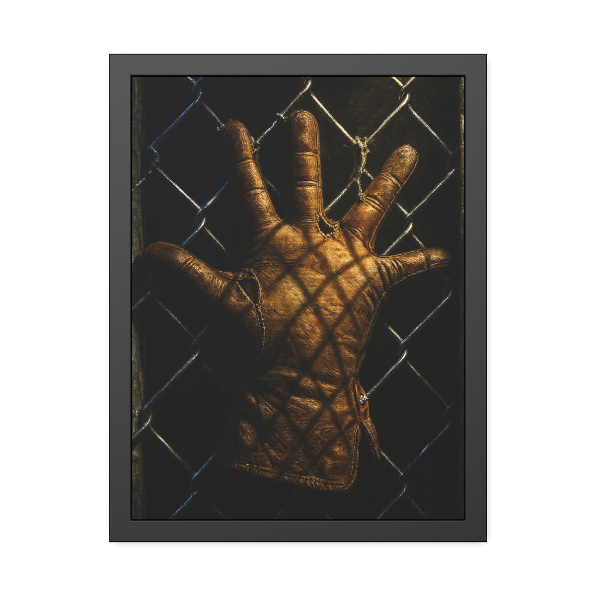 A leather work glove splayed palm out against chain-link wire. The Crucifixion on Chain-Link (Framed) by Garabaggio, framed fine art print hanging in a room.