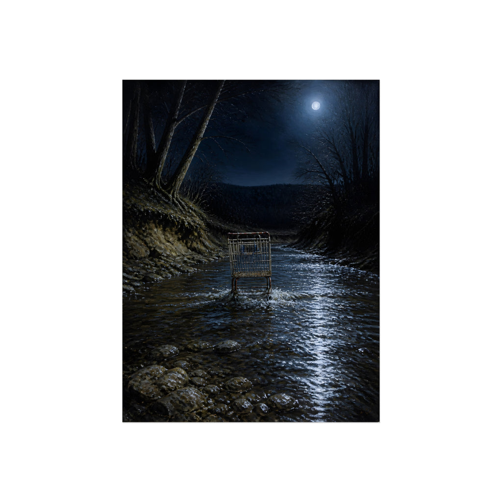 A shopping cart standing in a moonlit creek between dark trees. The Fording of the Creek by Garabaggio, fine art print, 12″ x 16″.