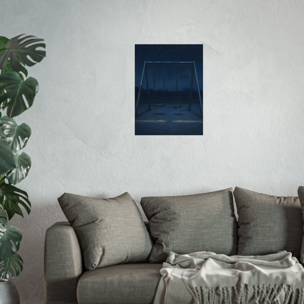 A swing set with two seats and two bare hooks in blue predawn light. The Fifth Hour: The Blue Before by Garabaggio, fine art print hanging in a room.