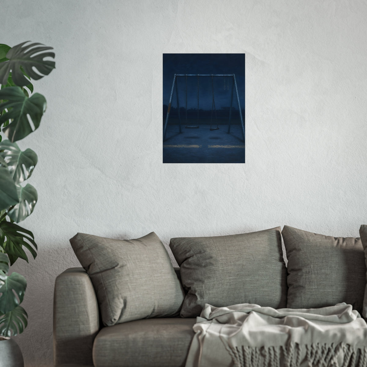A swing set with two seats and two bare hooks in blue predawn light. The Fifth Hour: The Blue Before by Garabaggio, fine art print hanging in a room.