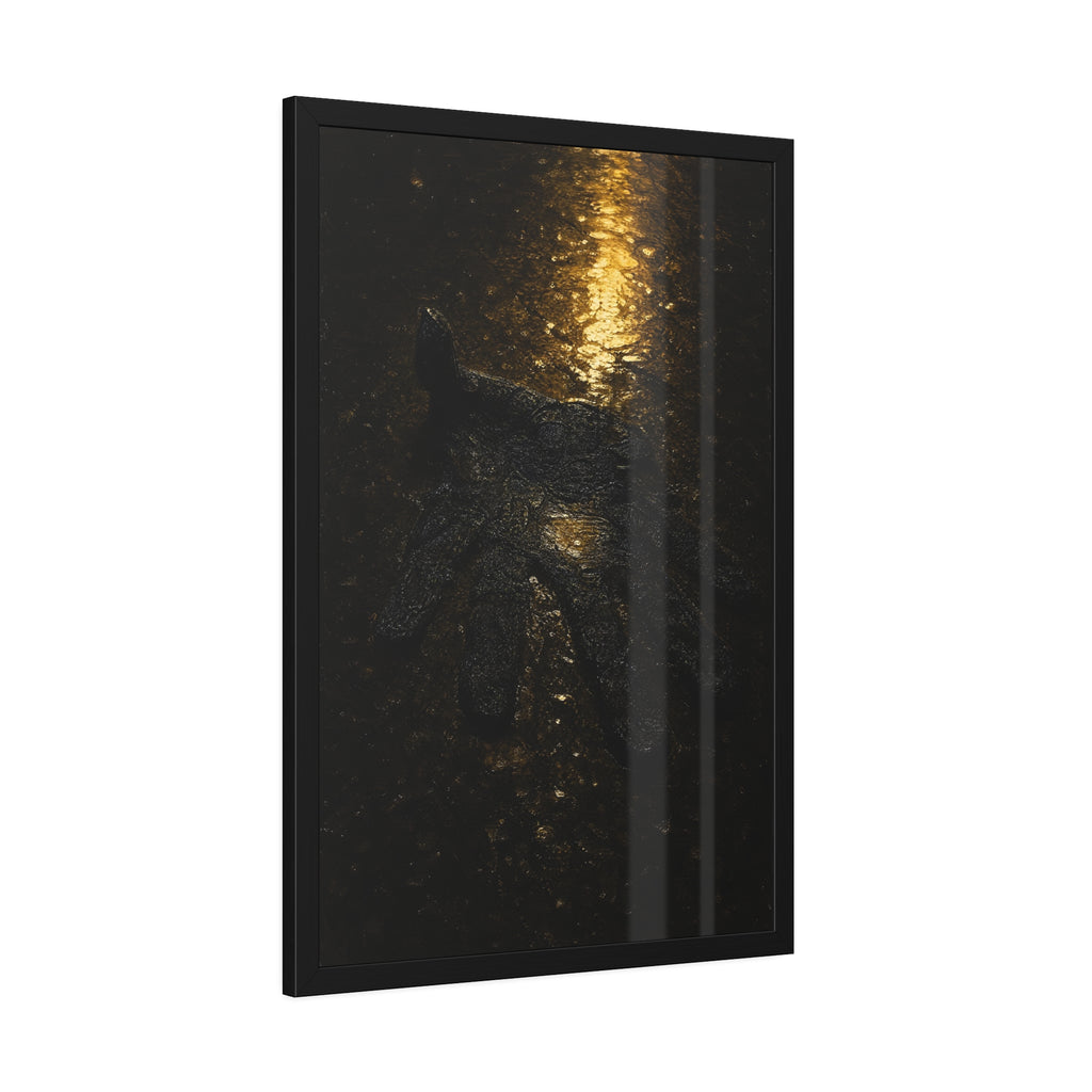 A flattened black glove pressed into wet asphalt beside a light streak. The Flattening, Study No. 1 by Garabaggio, framed fine art print hanging in a room.