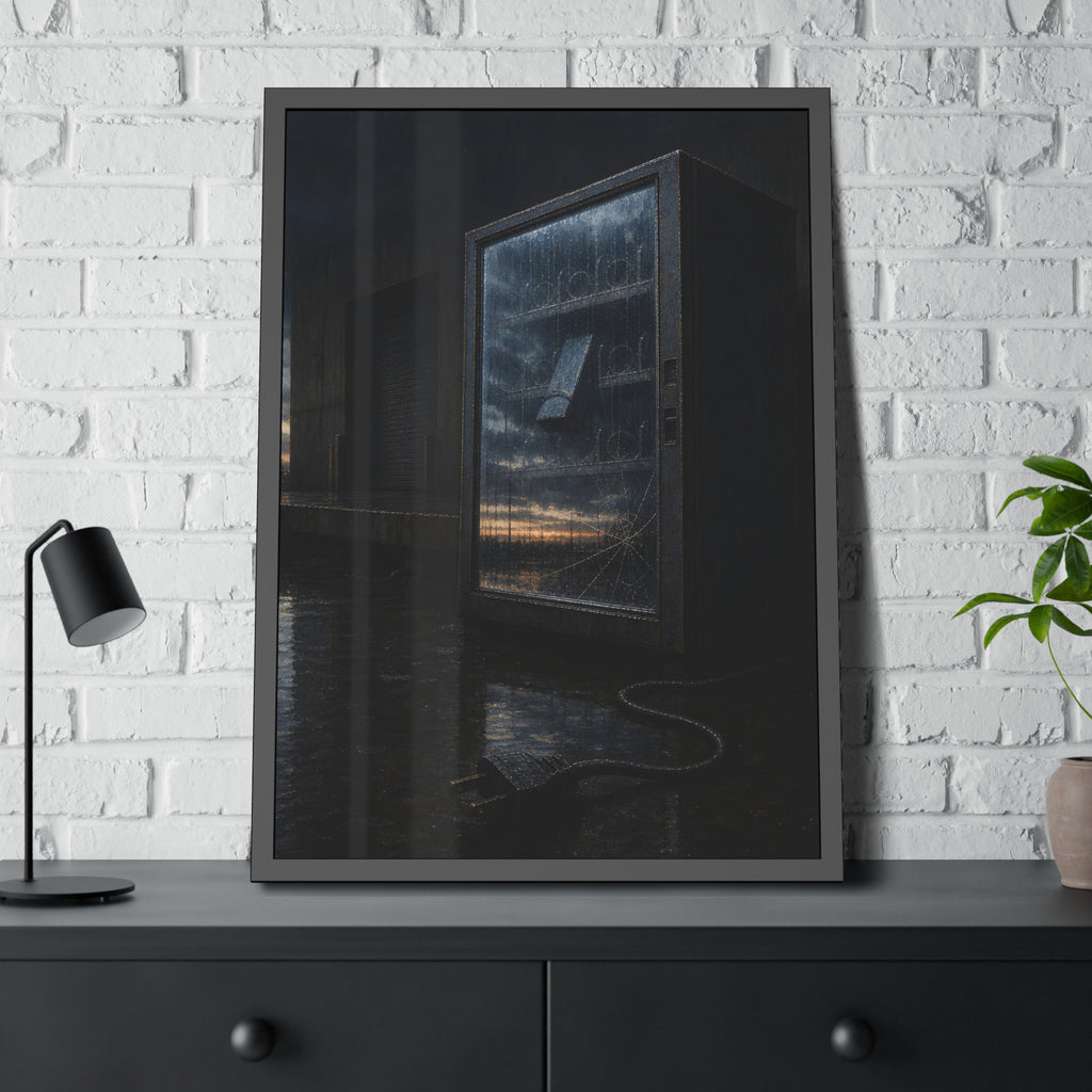 Empty vending machine with cracked glass reflecting dawn on a wet lot. Dawn in the Dead Glass by Garabaggio, framed fine art print hanging in a room.