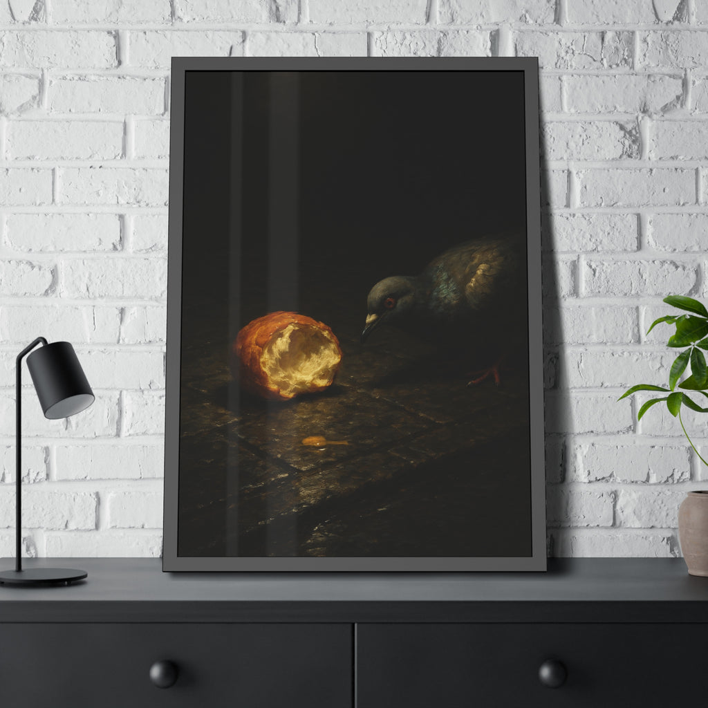A pigeon leaning toward a torn bread roll on wet paving stones. The Offering of the Discarded Bun by Garabaggio, framed fine art print hanging in a room.