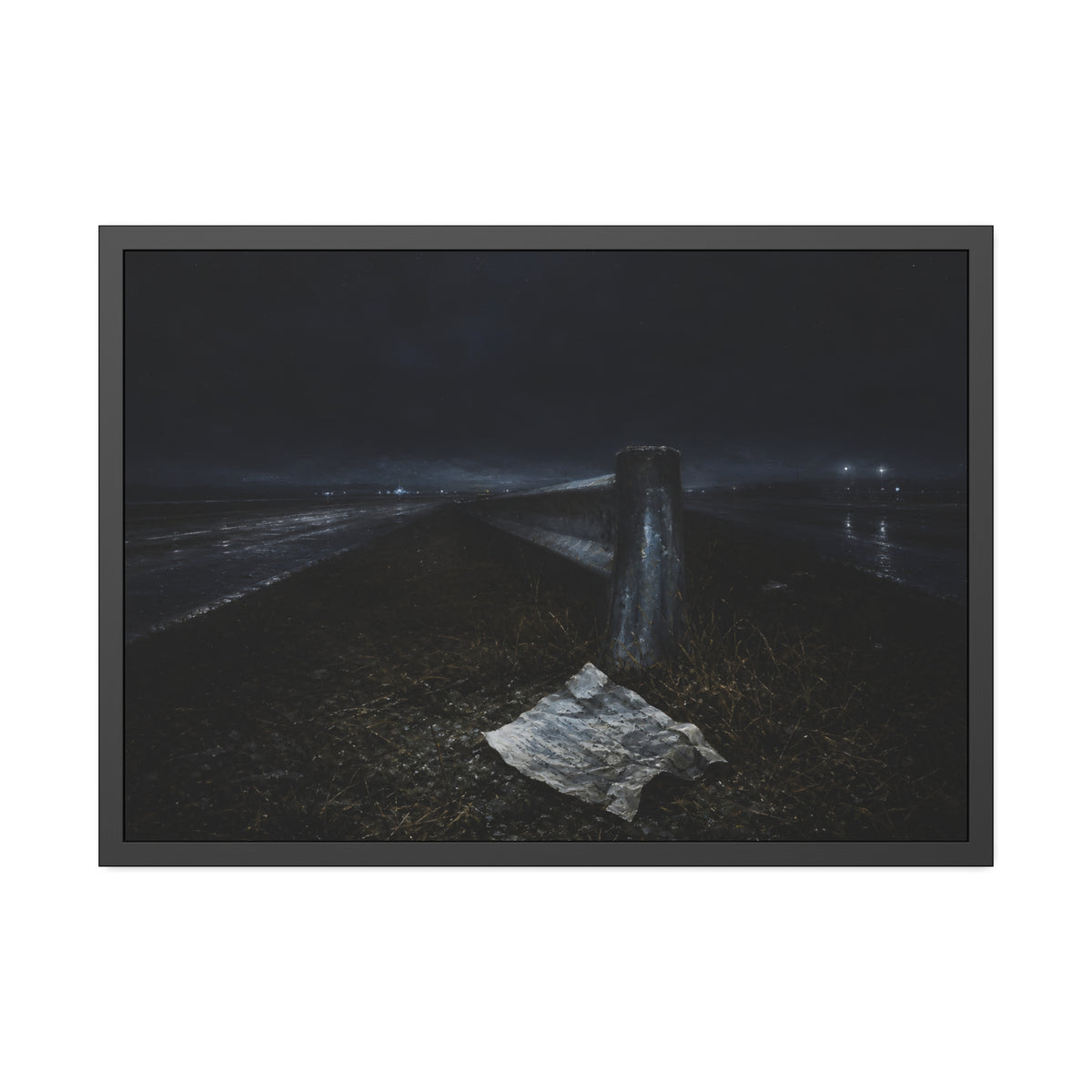 A sheet of paper on a grassy highway median beside a concrete post at night. The Resume on the Median by Garabaggio, framed fine art print, 40″ x 28″.