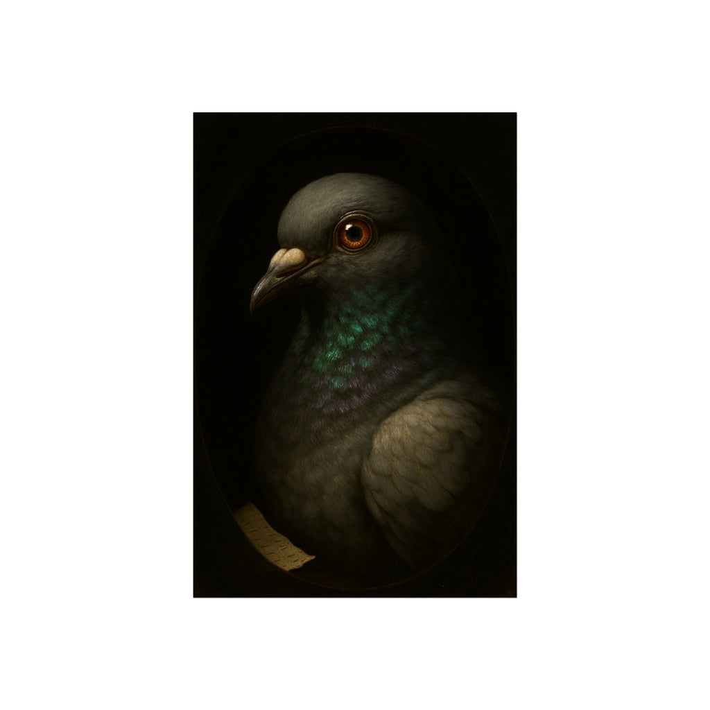 Close portrait of a pigeon with an iridescent green throat. Study of the Holy Messenger, No. 1 by Garabaggio, fine art print hanging in a room.